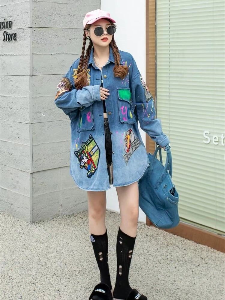 大活躍 刺?ロゴ 落書きストレート系 デニムジャケットゆったりコートiEf-4764