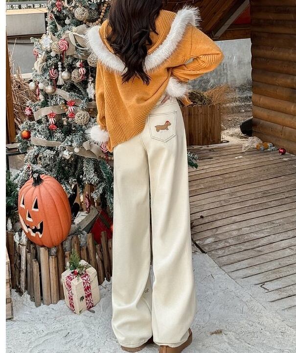 好感度UP 着回し力抜群 売り切れ必至 プラスベルベット 2色選択 デニム ワイドパンツE-10864