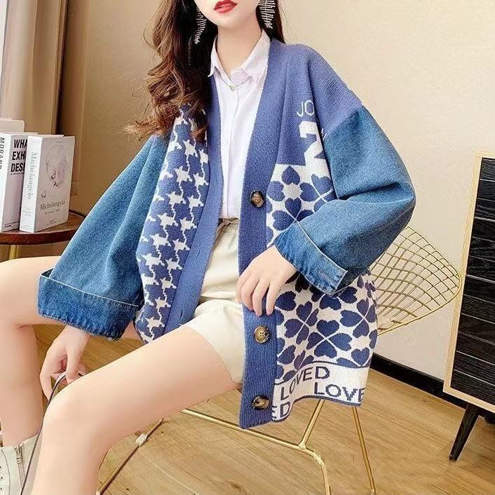 都市ファッショ デザイン オシャレ デニム切り替え 全2色 ニットカーディガンE-9377