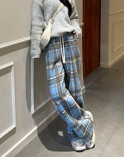 着回し力抜群 チェック柄 おしゃれ度高め 3色選択 ウールワイドレッグパンツ E-9757