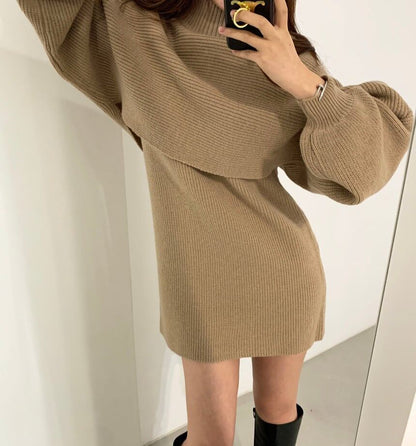 美感いっぱい ハイネック 気質溢れる セーター＋ワンピース セットアップE-2700