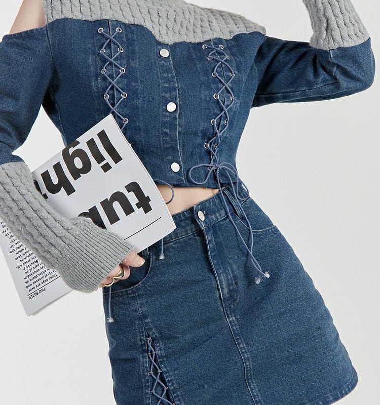 スタイルアップ効果抜群 デニム 高見えデザイン トップスⅹミニスカートセットアップE-9160