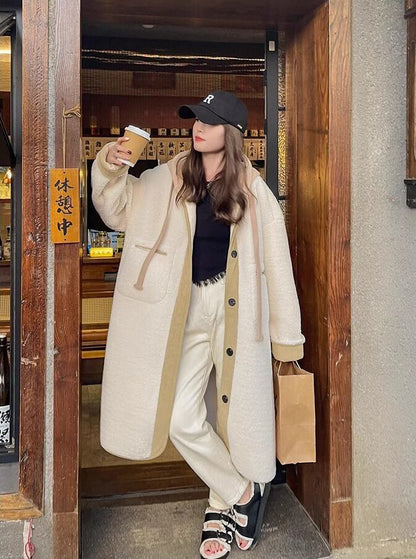 着回し力抜群 暖かい服,ゆったりとしたアウターウェア カジュアル フェイク ラムウール ロング コート E-9983