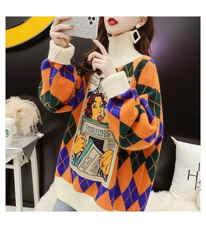 超人気配色チェック柄グラフィックロゴニットセーターハイネック3色ありE-4328