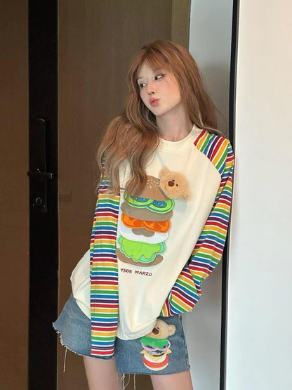 都市ファッショ デザイン オシャレ 大人可愛い 着心地良い プリント ストライプ柄 半袖TシャツE-9332