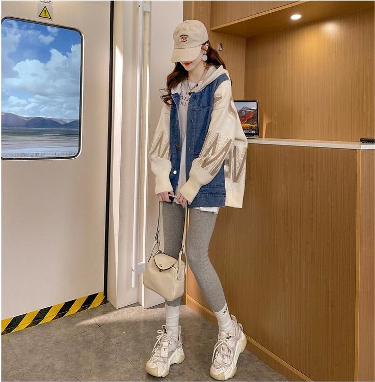 新作デニム切り替えニットフード付きパーカートップス全3色E-4321