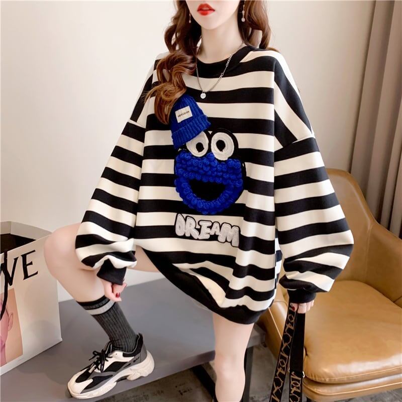韓国系ストライプ柄  ぬいぐるみオーバーサイズ スウェットE-4105