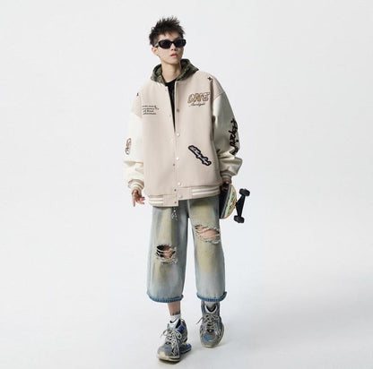 【中棉】人気爆発中 アメリカンレトロ 配色切り替え 刺繍ロゴ ユニセックス スタジャンE-12627