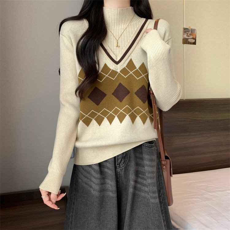 人気上昇中 レイヤード風 おしゃれ度高め 全2色 ニットトップスE-9583