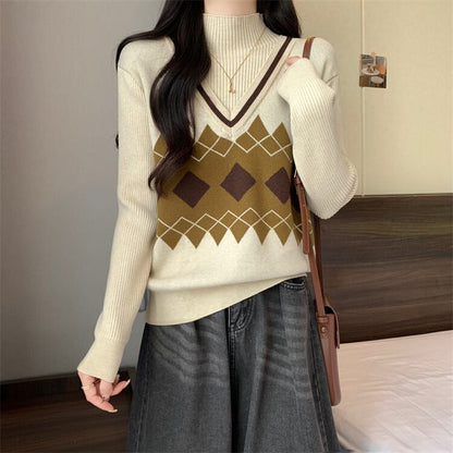 人気上昇中 レイヤード風 おしゃれ度高め 全2色 ニットトップスE-9583