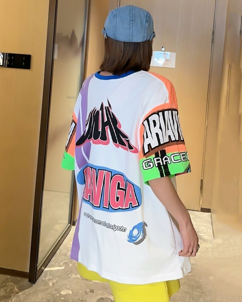 スタイルアップ効果抜群 レース アバンギャルド ダブルプリント全2色 半袖TシャツE-8980