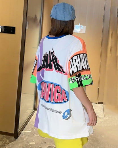 スタイルアップ効果抜群 レース アバンギャルド ダブルプリント全2色 半袖TシャツE-8980