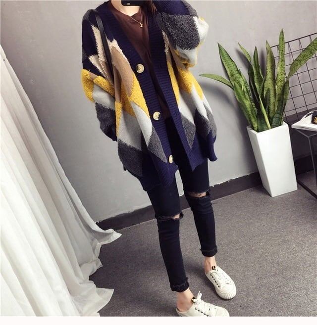 アーガイル オーバーサイズ ボア ニットカーディガン iEf-3833