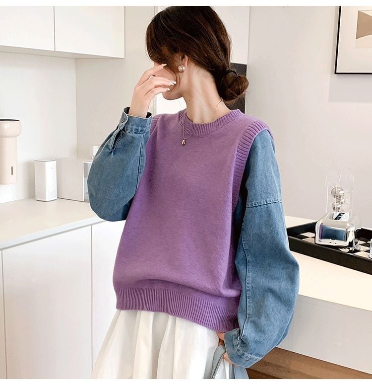 好感度UP レイヤード風 スタイルアップ デニム 切り替え 3色選択 ニットトップスE-9594