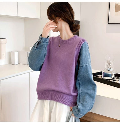 好感度UP レイヤード風 スタイルアップ デニム 切り替え 3色選択 ニットトップスE-9594