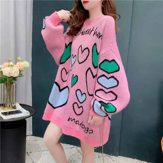 ラウンドネック 女性力を高める プリント ニットE-12380