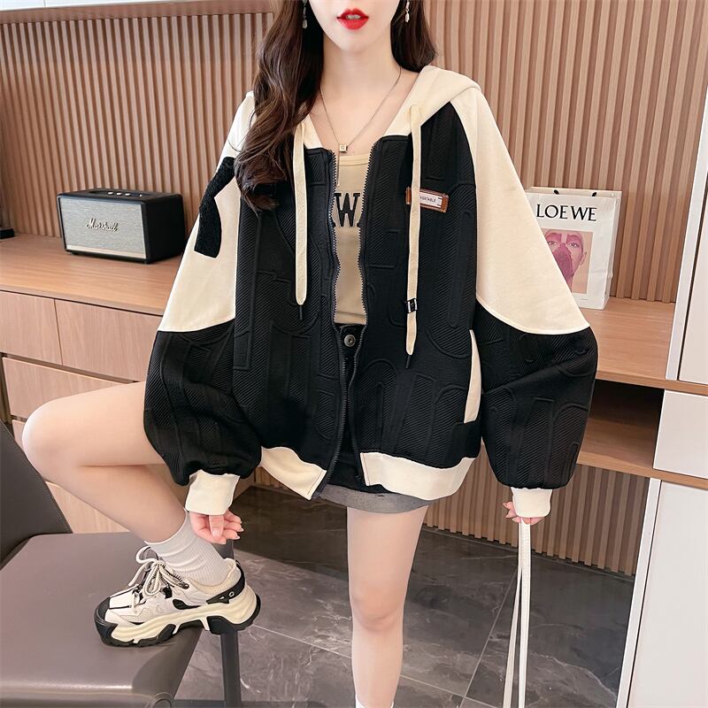 今季マストバイ トレンドアイテム 存在感抜群 アバンギャルド 切り替え 2色選択 パーカー トレーナー レディース フード付き カーディガン E-9551