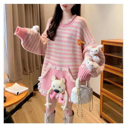 スタイルアップ効果抜群 ストライプ柄 個性的なデザイン 2色選択ニットトップスE-10585