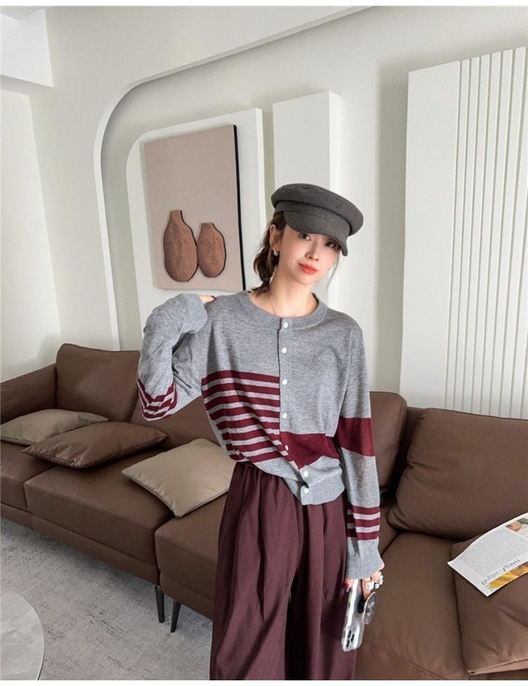 都市ファッショ デザイン オシャレ 切り替え ストライプ柄 ニットトップスE-9581