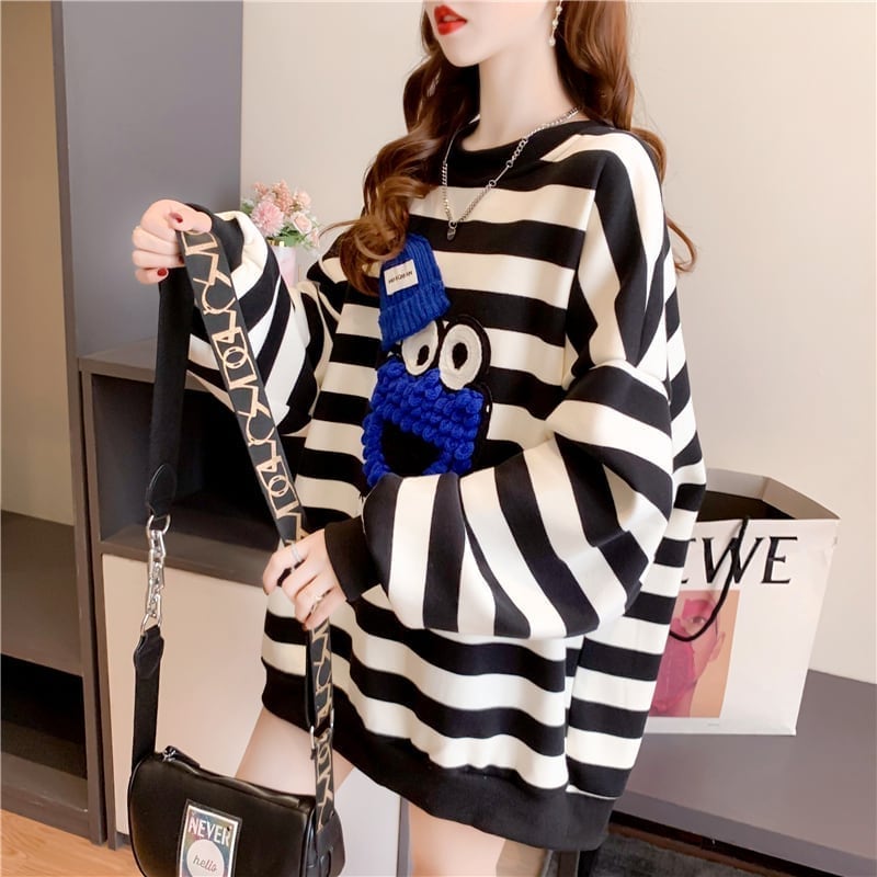 韓国系ストライプ柄  ぬいぐるみオーバーサイズ スウェットE-4105