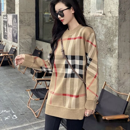 レトロ ラウンドネック オシャレ度満点 チェック柄 長袖 ニット セーターE-6808