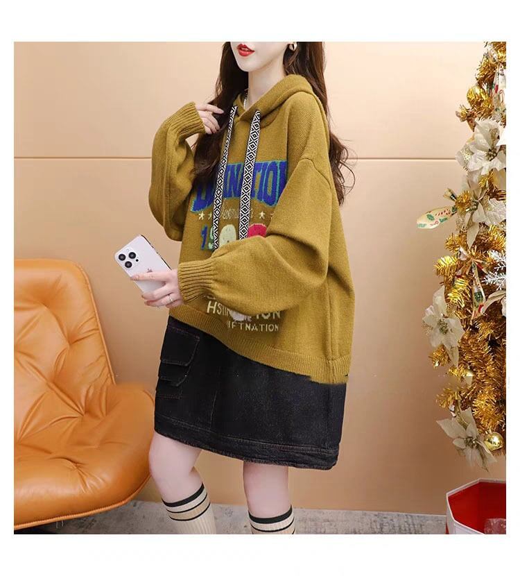 着?せアルファベットロゴ切り替えデニムゆったりロングニットパーカー全2色E-4392