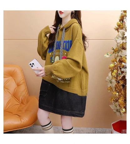 着?せアルファベットロゴ切り替えデニムゆったりロングニットパーカー全2色E-4392