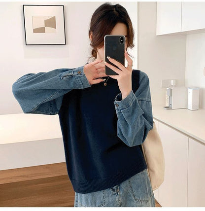 好感度UP レイヤード風 スタイルアップ デニム 切り替え 3色選択 ニットトップスE-9594