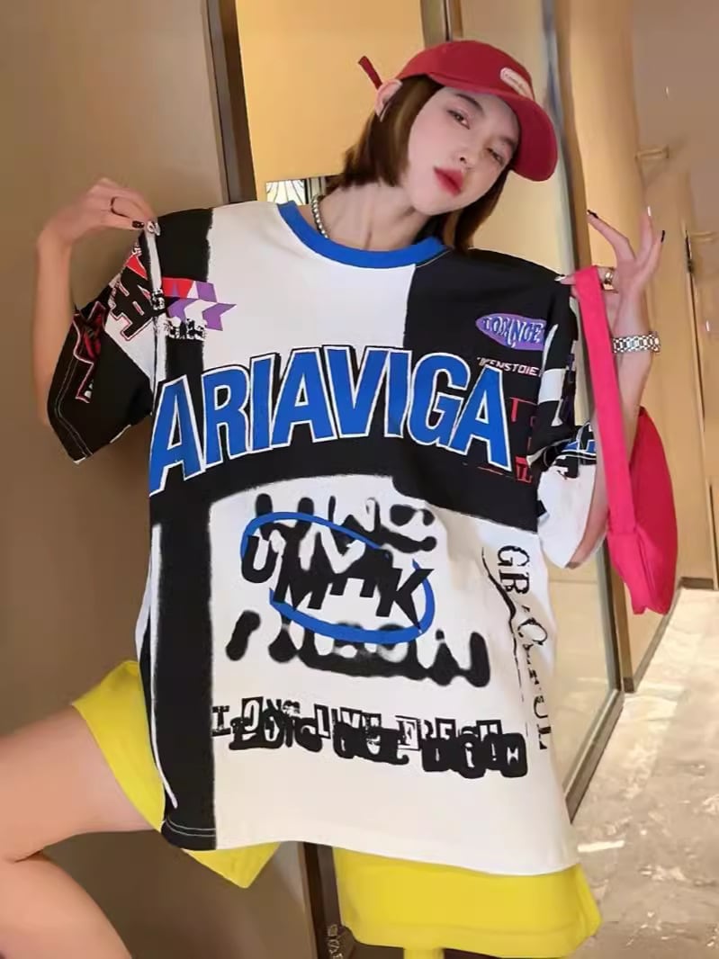 スタイルアップ効果抜群 レース アバンギャルド ダブルプリント全2色 半袖TシャツE-8980