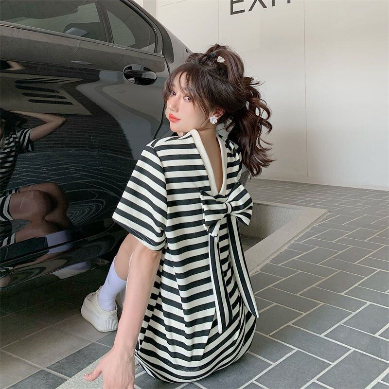 スタイルアップ 上質 美人度アップ リボン ストライプ柄 ワンピースE-9202