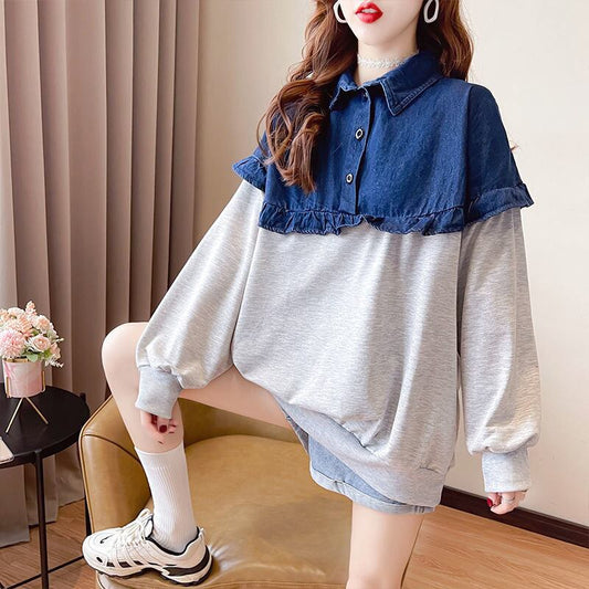 韓国風ファッション オシャレ 都市ファッショ デザイン 切り替え 2色選択 デニム パーカーE-9416