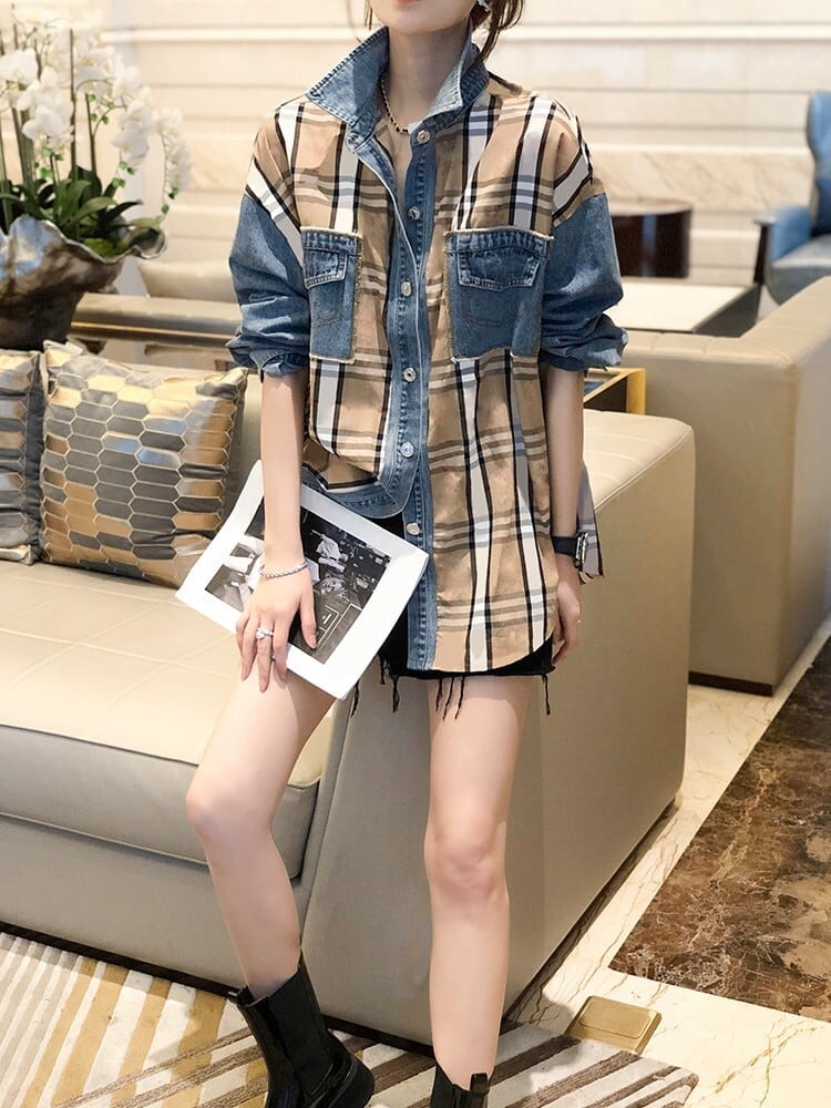 大好評 ファッション 売り切れ必至 チェック柄 切り替え デニム Tシャツ E-9220