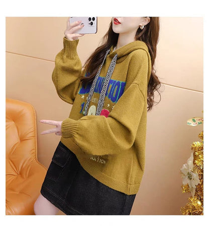 着?せアルファベットロゴ切り替えデニムゆったりロングニットパーカー全2色E-4392