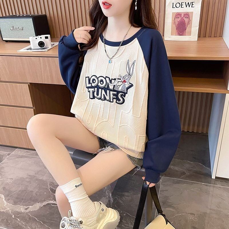 合わせやすい刺?ロゴゆったり厚手ラグランスリーブ   スウェット全2色E-4613