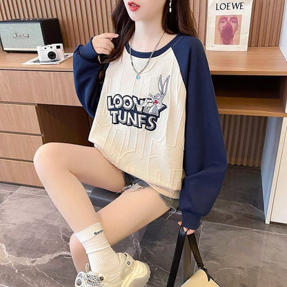 合わせやすい刺?ロゴゆったり厚手ラグランスリーブ   スウェット全2色E-4613