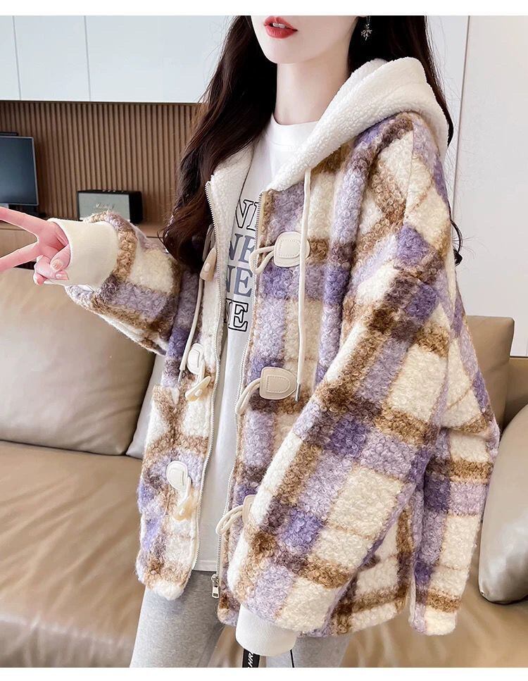 絶対流行 カジュアル 柔らかくて優しい印象 チェック柄 2色選択 ラムフリース コート ボアジャケットE-9854