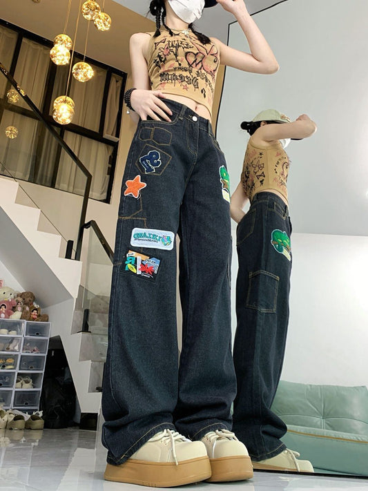 ファッション感満々 着回し力抜群 個性的なデザイン デニム ワイドパンツE-9769