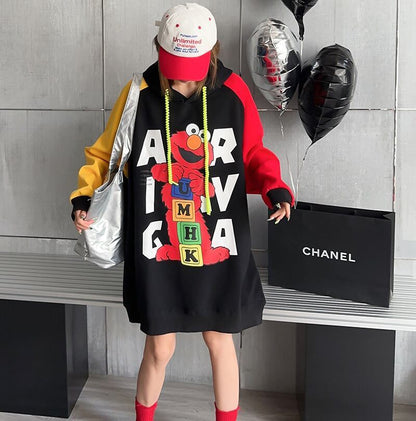 オーバーサイズ カラーマッチング アルファベットプリント フード付き ロングパーカE-4085