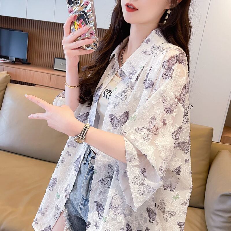 超人気 オシャレ 都市ファッショ デザイン 総柄 日焼け対策 全2色 シャツ E-9148