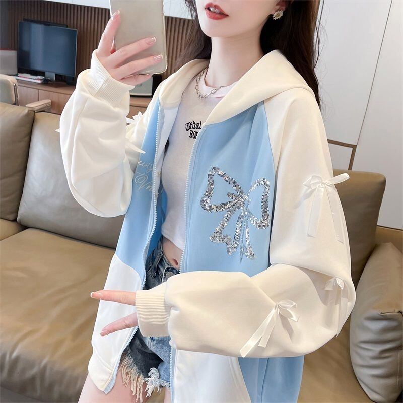 絶対流行 スウィート スタイルアップ スパンコール切り替え 2色選択 パーカー トレーナー レディース フード付き カーディガン E-9420