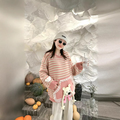 スタイルアップ効果抜群 ストライプ柄 個性的なデザイン 2色選択ニットトップスE-10585