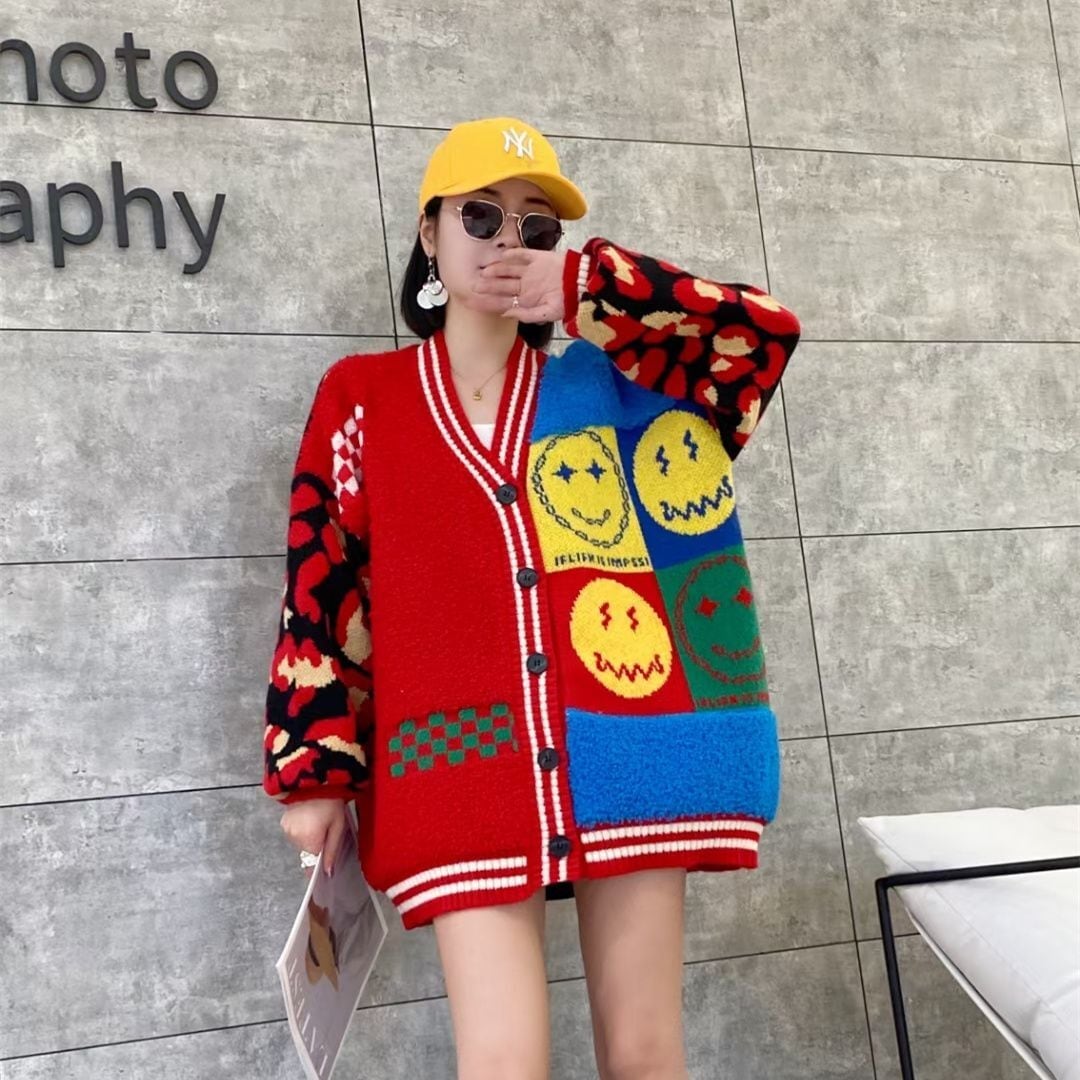 早い者勝ちスマイルマーク   ニットカーディガン五色ありE-4059