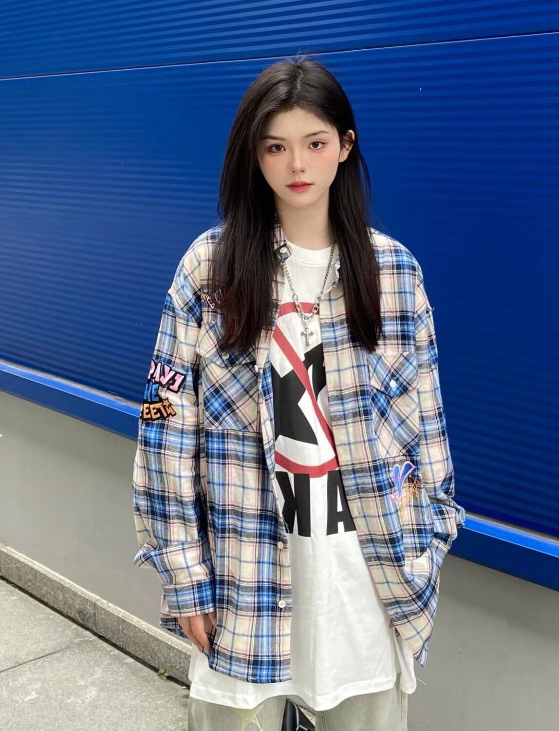 存在感抜群 カジュアル トレンドアイテム チェック柄 刺繍 全2色 シャツ E-9163