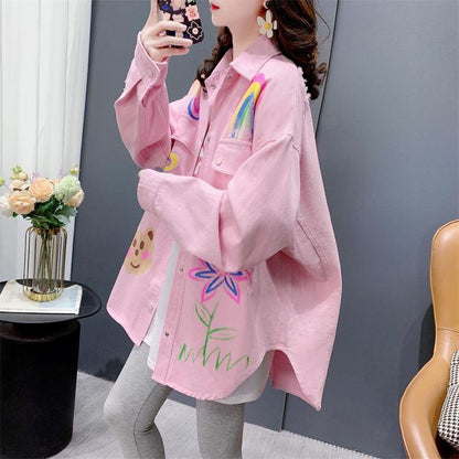 売り切れ必至 韓国風ファッション 上質 アバンギャルド プリント デニム Tシャツ E-9479