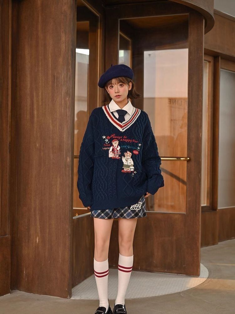 超人気 気質アップ 絶対欲しい Vネック 刺繍 切り替え2色選択 ニットトップスE-9577