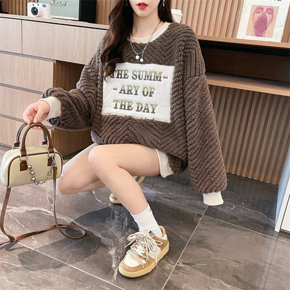 流行新作 美人度アップ 目を奪われる スタイルアップ カジュアル 2色選択 厚手のフリーススウェットシャツE-9822