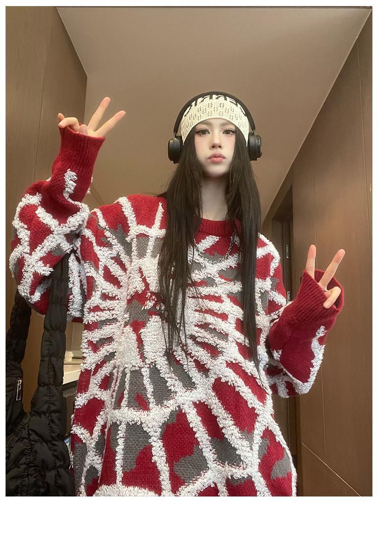 おしゃれ度アップビッグ刺?ロゴゆったりニットセーター全2色   E-4572