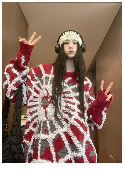 おしゃれ度アップビッグ刺?ロゴゆったりニットセーター全2色   E-4572