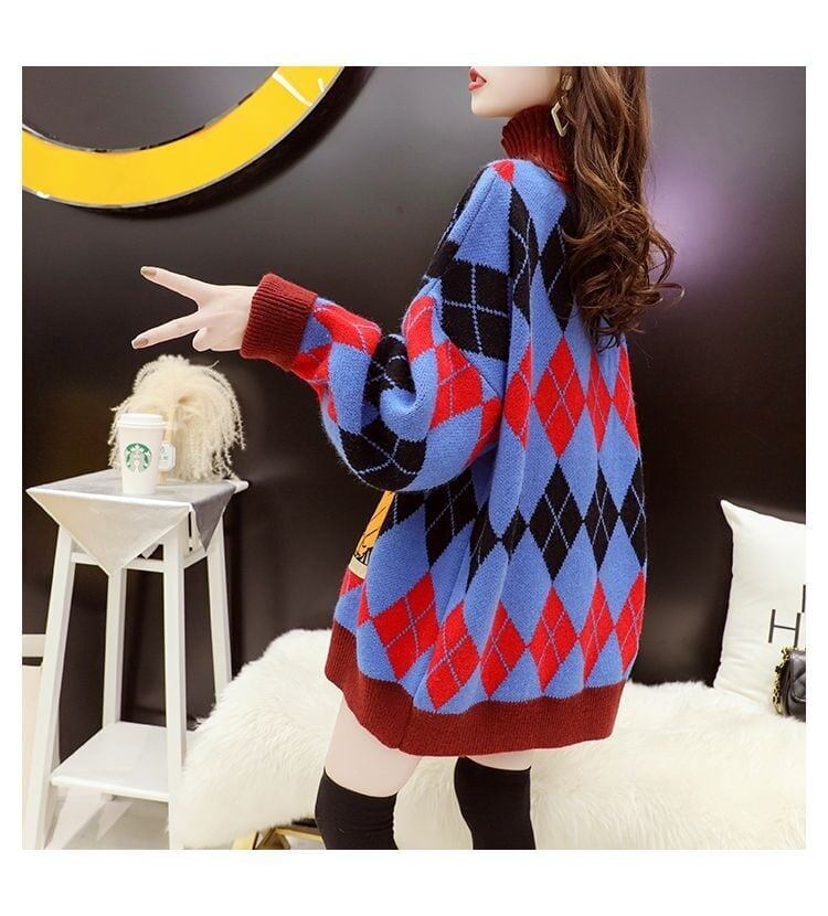 超人気配色チェック柄グラフィックロゴニットセーターハイネック3色ありE-4328