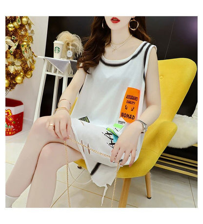 今季マストバイ ダメージ加工 デザイン性抜群 プリント全2色 ノースリーブ Tシャツ カットソーE-9141